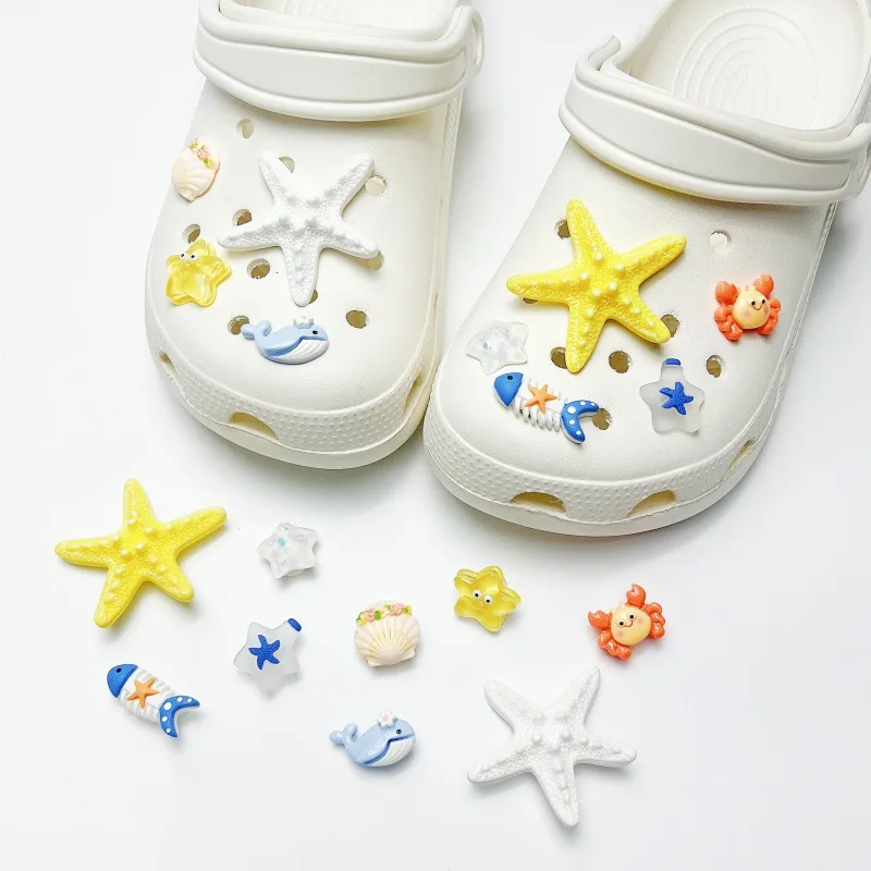 DIY Sea Shell Hole Punch Shoe Charms with Ocean Lava Rock & Starfish Clips for Summer Sandals & Slippers Women's Decorative Gift