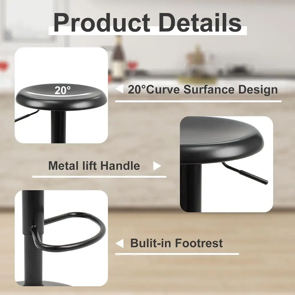 Pair of Modern Adjustable Swivel Bar Stools, Metal Counter Height, Backless for Kitchen Island or Pub, Black