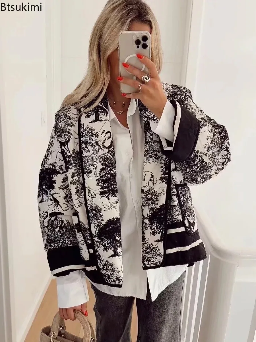 Vintage Quilted Jacket Women Lapel Printed Cotton Coat Winter Warm Pocket Cardigan Coat Long Sleeve Scarf Collar Warm Outwear