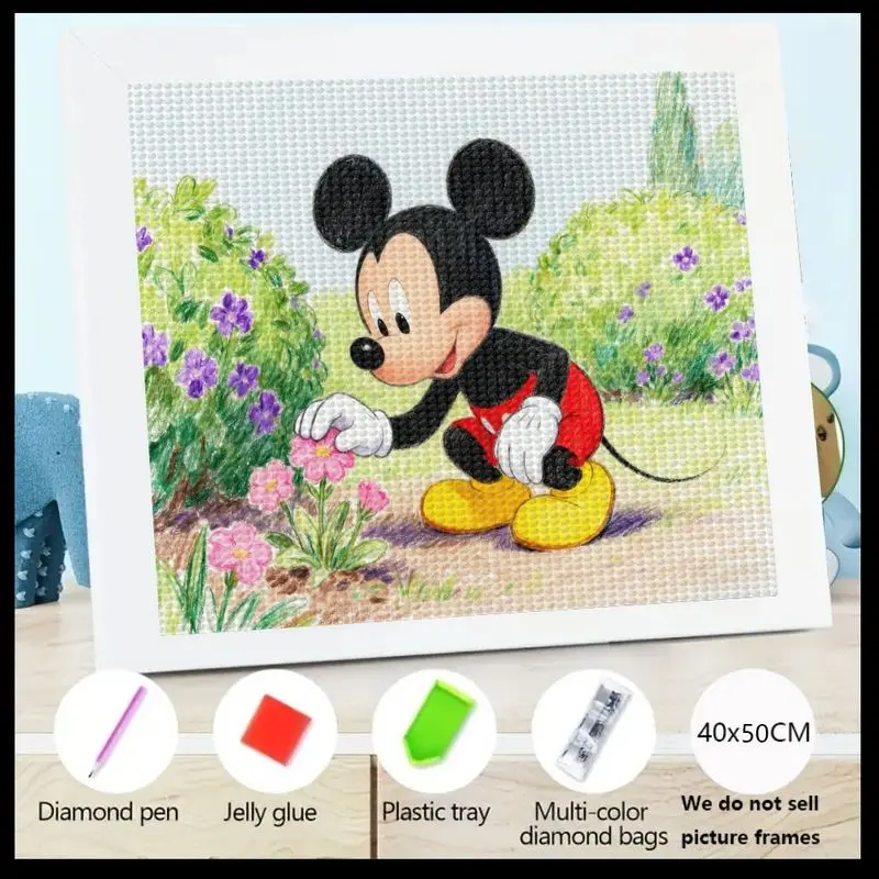 

1PC Disney Mickey Mouse 5D Full Drill Diamond Painting Kit, DIY Cute Cartoon Mickey with Garden Flowers Sparkling Crystal Art Cr