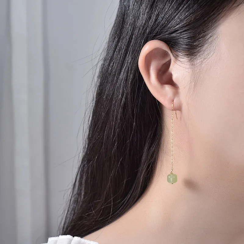 VOQ Silver Color New Style Hetian Jade Transshipment Bead Earrings Chinese Style Earrings Ladies and Girls Jewelry Gift Gifts