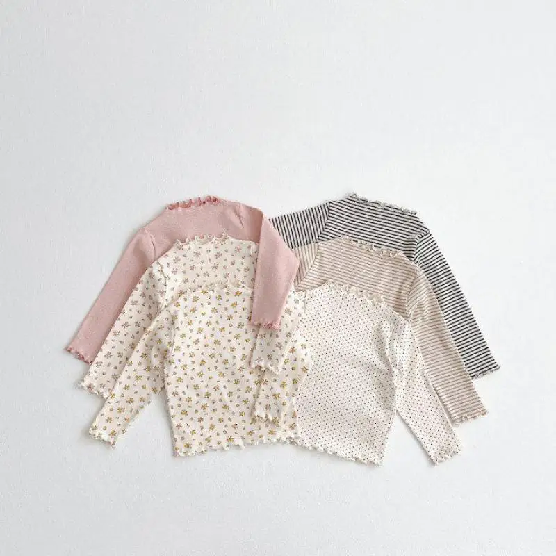 2024 Autumn New Baby Long Sleeve Bottoming Shirts Children Cotton T Shirts Girls Dot Half High Collar Tops Girls Floral Shirts