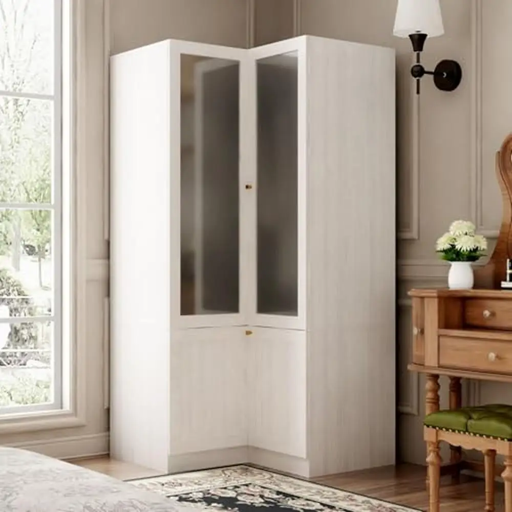 

Modern L-Shape Wardrobe Armoire Closet Frosted Glass Doors Hanging Rod Cabinets Grey Wood Grain Texture Sturdy Construction