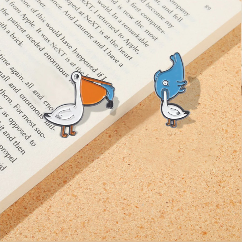 Pelican and Fish Enamel Pins Custom Cute Cartoon Waterfowl Bag Shirt Lapel Badge Nature Animal Jewelry Funny Gift for Kids