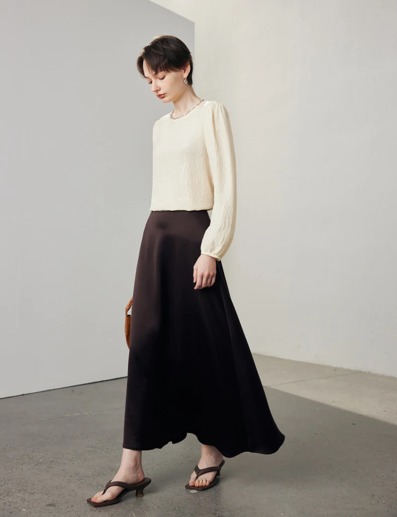 Women's Silk Dress O Neck Long Sleeves Dobby Elegant Fashion Pullover  Blouse Tops