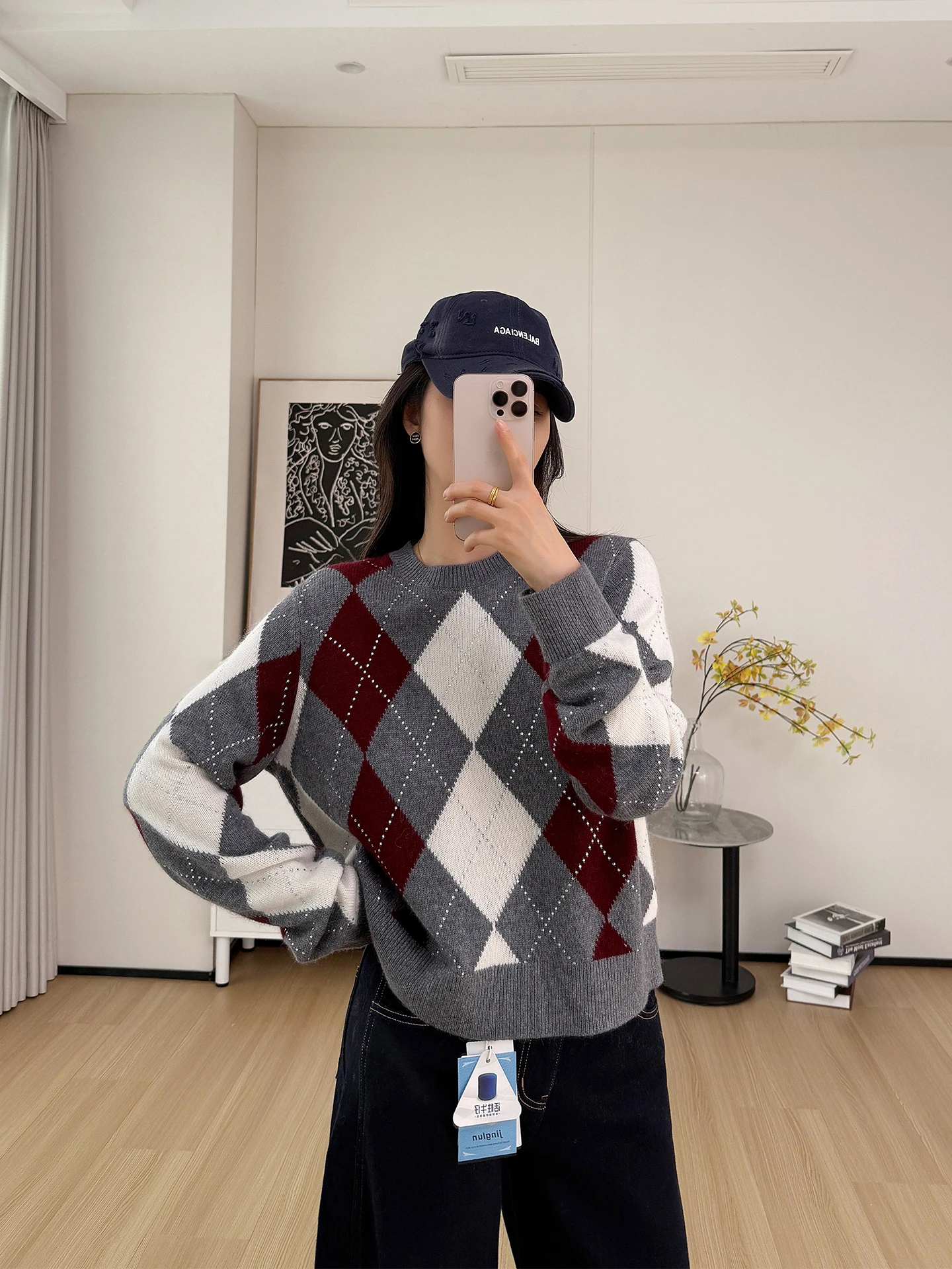 

Original Camere Knitted Sweater Women's Loose Fit Overhead Diamond Pattern Warm Faionable Autumn Winter Wool Blend Top