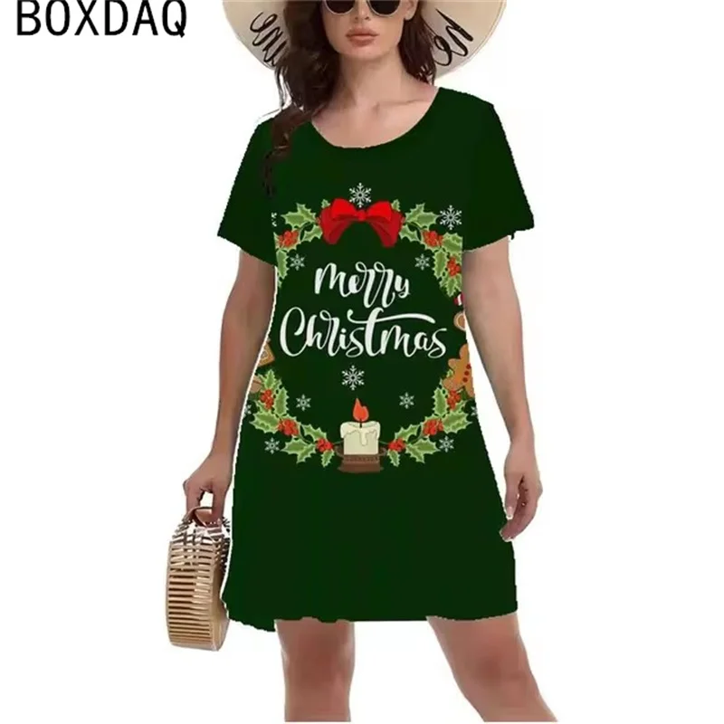 3D Fun Cartoon Santa Claus Pattern Printed Dress Women Short Sleeve O-Neck Casual A-Line Dress New Year Christmas Party Dress