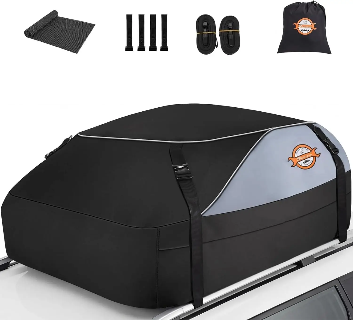 

15 Cubic Feet Waterproof Car Roof Cargo Carrier, Fits Most Vehicles with or without Rack, Anti-Slip Mat & Straps Included