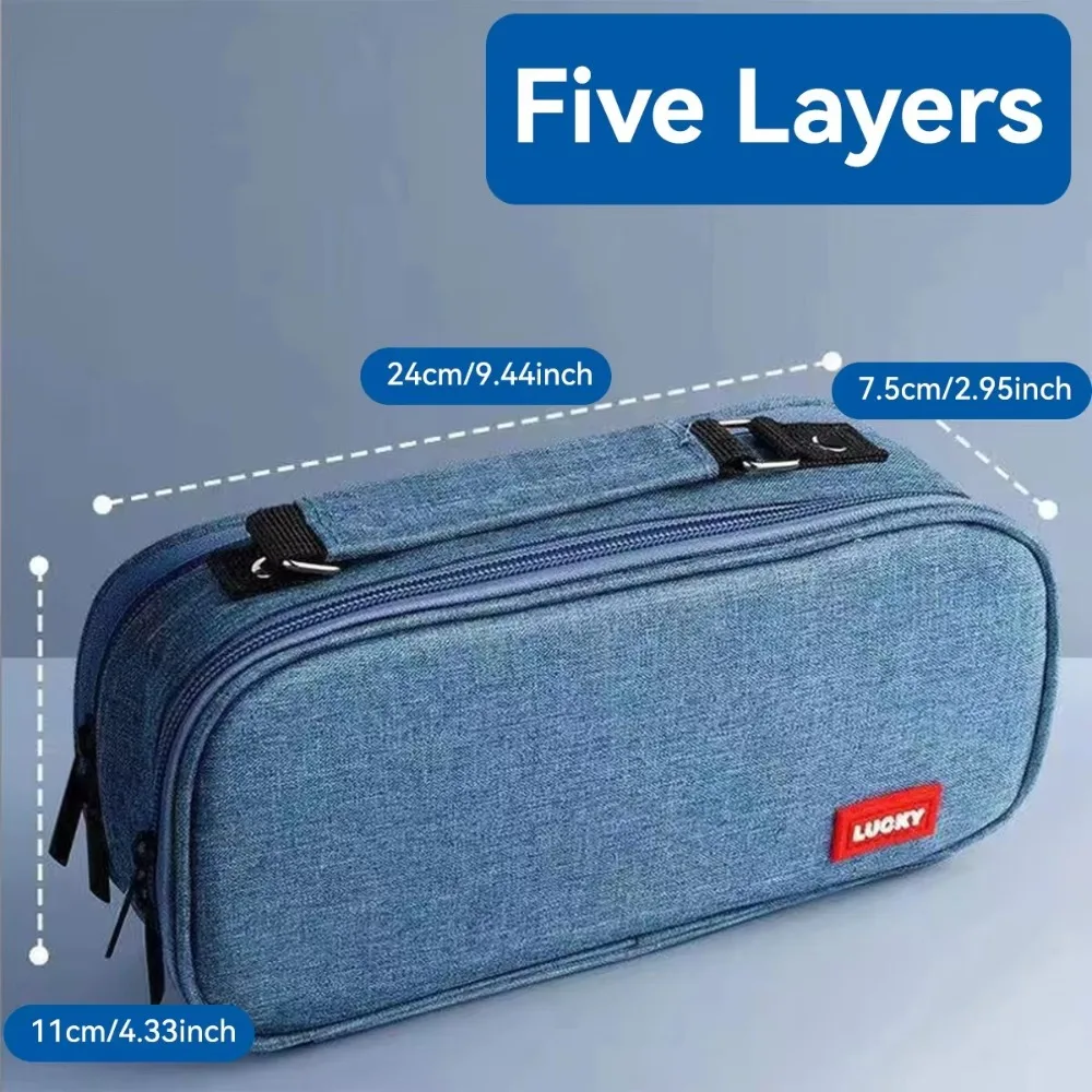 Portable Pen Storage Bag Large Capacity Durable Canvas Pencil Case 5 Layer Solid Color Student Stationery Boxes School Supplies