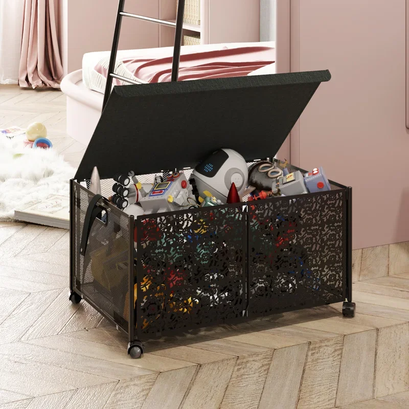 Foldable wrought iron children's toy storage box Large capacity with pulley flip cover Dust-proof clothing storage rack