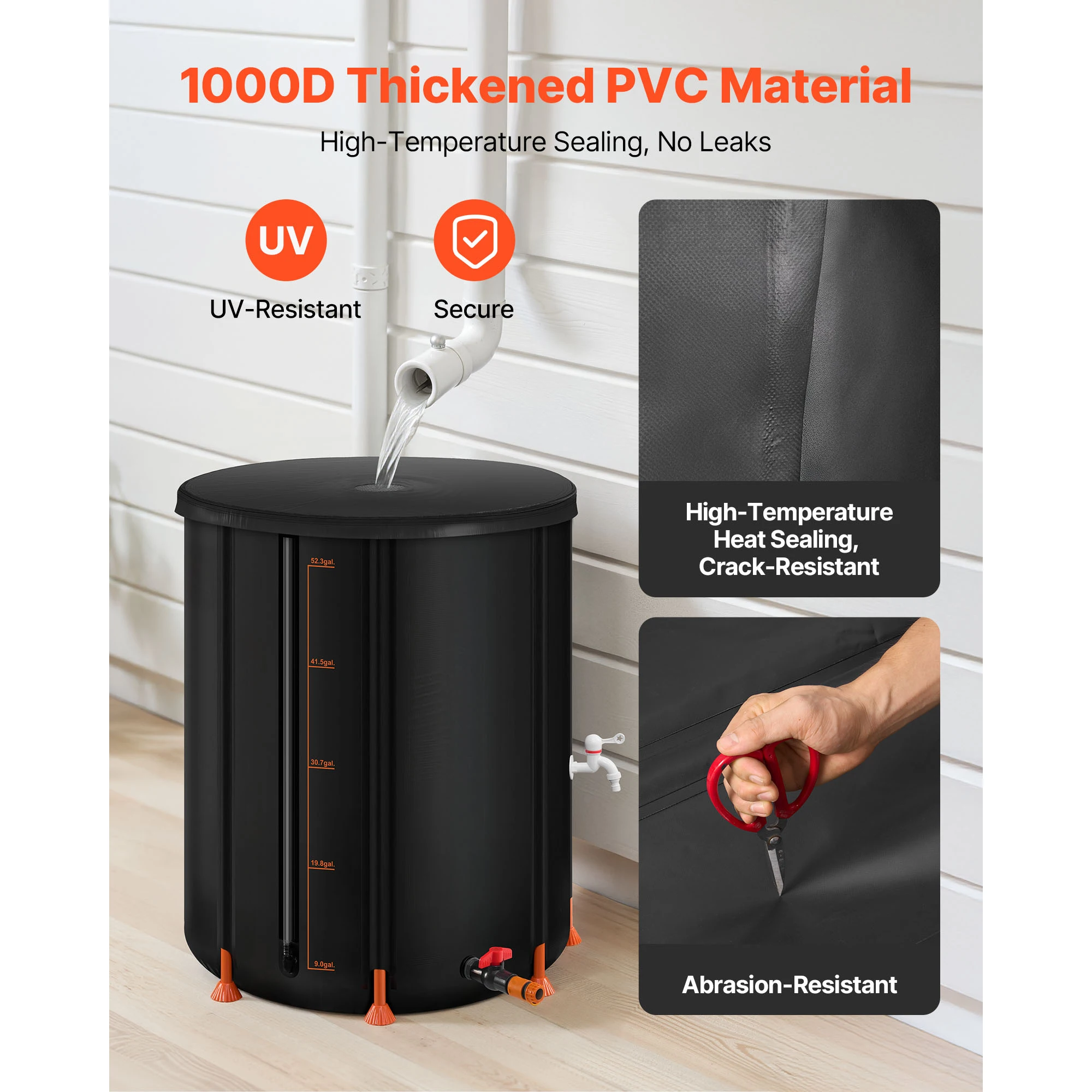 VEVOR Collapsible Rain Barrel 53/66/100 Gal Portable Rain Water Collection Barrel 1000D PVC Rainwater Collection System Black