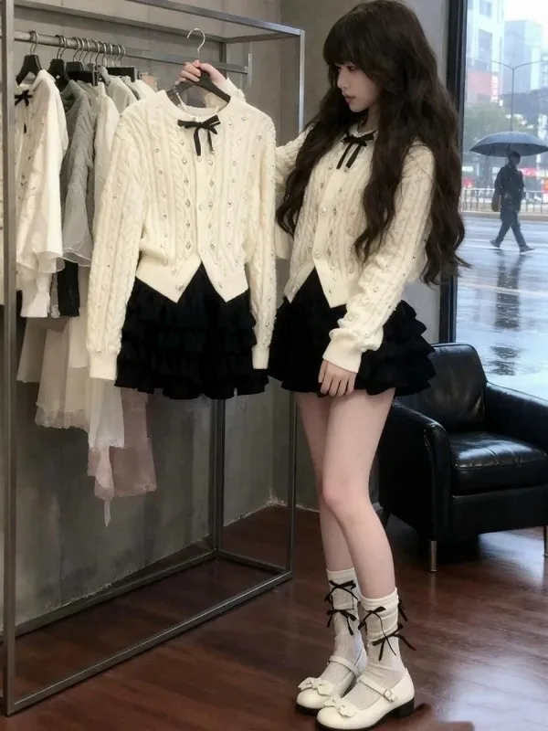 

White Knitted Sweater Coat Women's Inner Wear Sparkling Diamond Autumn Winter Fashion Series Regular Fit Knit...