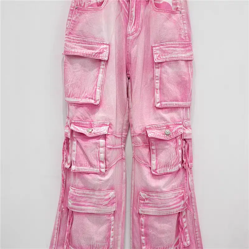 Amerikanische gerade Jeans Damen Herbst neue Multi-Pocket-Arbeitskleidungshose Design Sense locker sitzende Hose mit weitem Bein