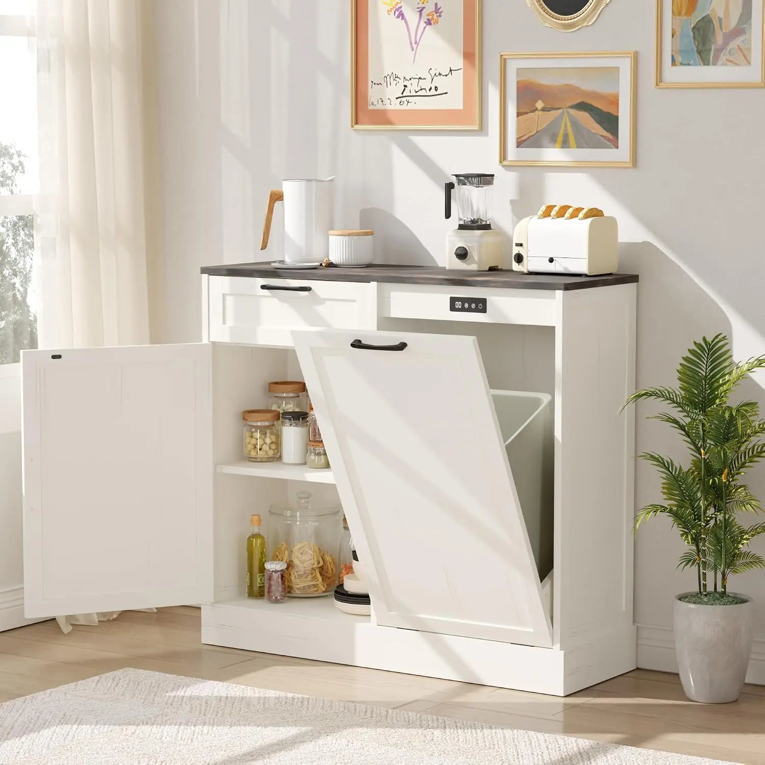 Double Tilt Out Trash Can Cabinet with Deodorizing Function, Off-White, Customized