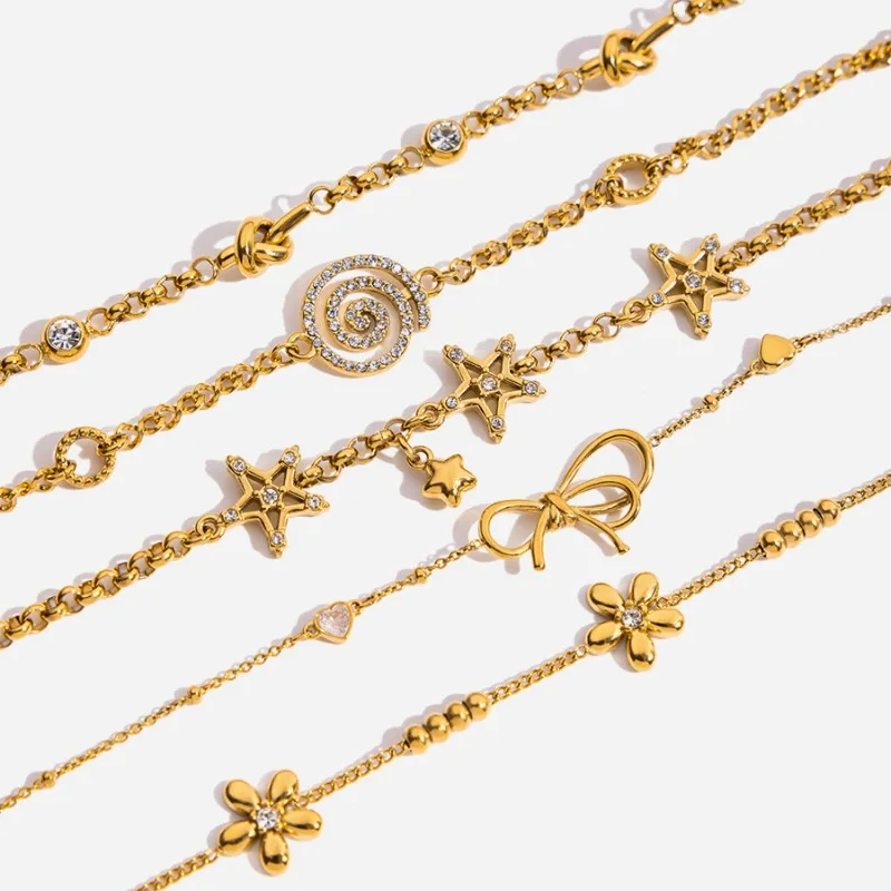

Minar Luxury Multiple Rhinestones Hollow Star Bowknot Flower Knotted Pendant Charm Bracelets for Women 18K Gold Stainless Steel