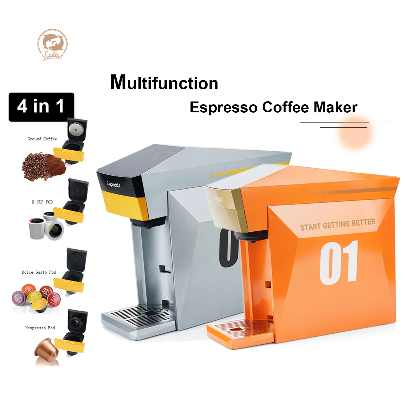 icafilas 4 in 1 Multiple Capsule Coffee Machine DG Cappuccino Nespresso Small Capsule Pod KCUP Ground Coffee Tea Cafeteria 19Bar