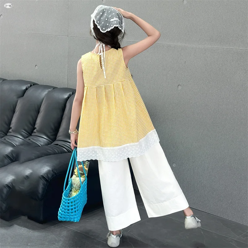 Summer Children Girl Clothes Set Kid Plaid Shirt and Wide-leg Pants 2 Pieces Suits Fashion Girls Sleeveless Outfits Tracksuits