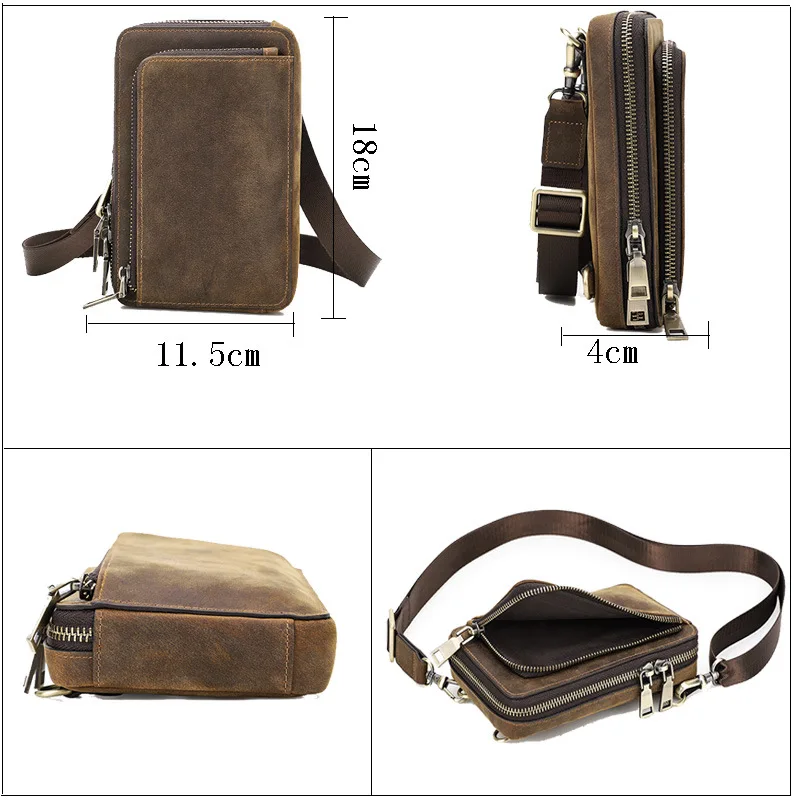 2024 Brand Men Shoulder Bags Crazy Horse Leather Crossbody Bag Casual Waist Pack Fanny Belt Bag For Male Small Phone Pocket