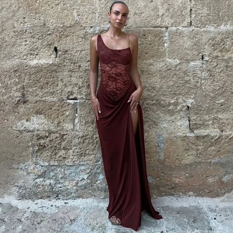 Tuularose エレガントなレースカットアウトマキシドレス女性のセクシーなスパゲッティストラップパッチワーク休暇パーティードレス夏の背中の開いたロングドレス