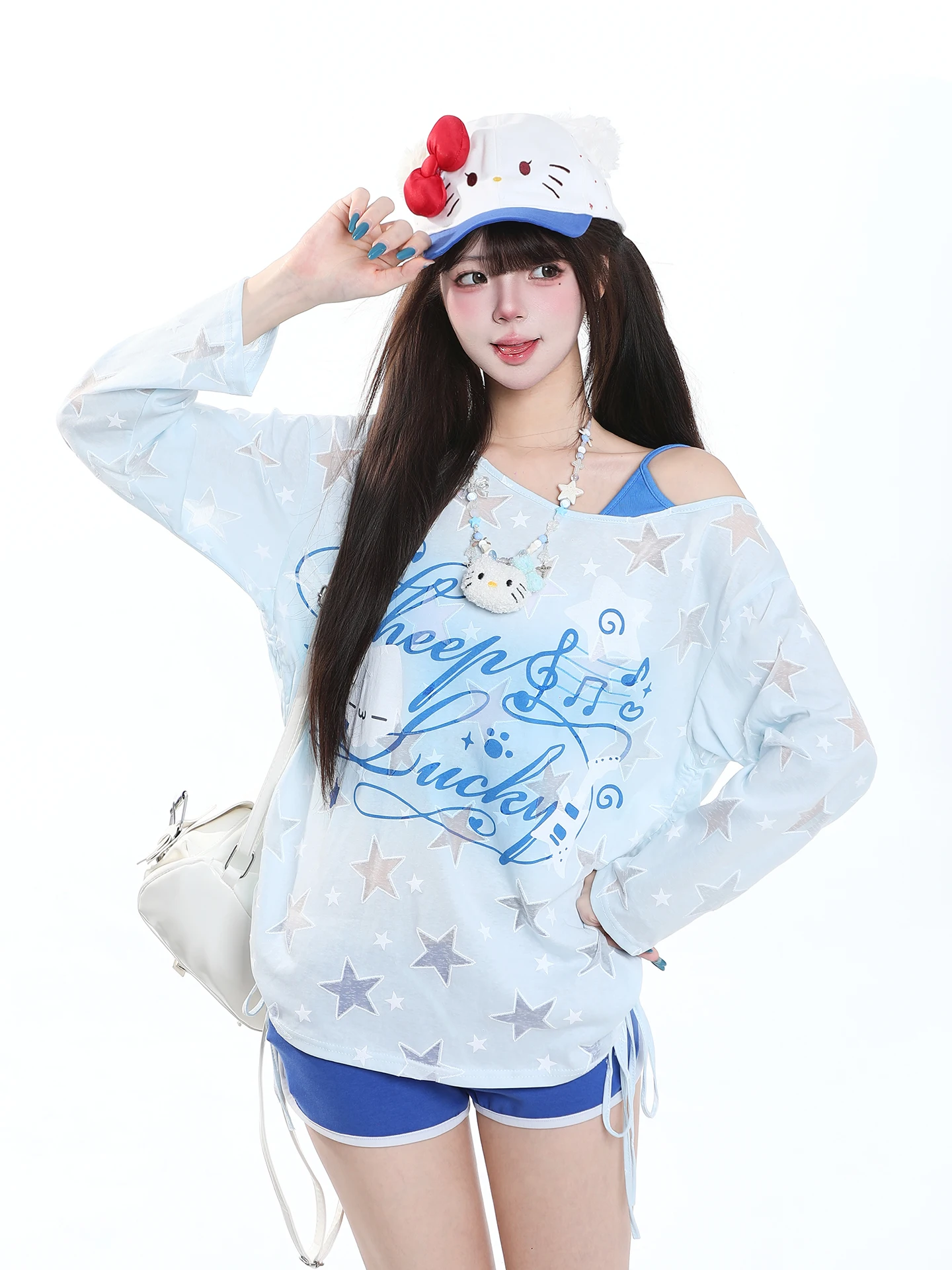 Cute Star  Shoulder Bared Long Sleeve Cover up Women's Loose Casual Drawstring Breathable Thin Two Piece Top Autumn Fashion