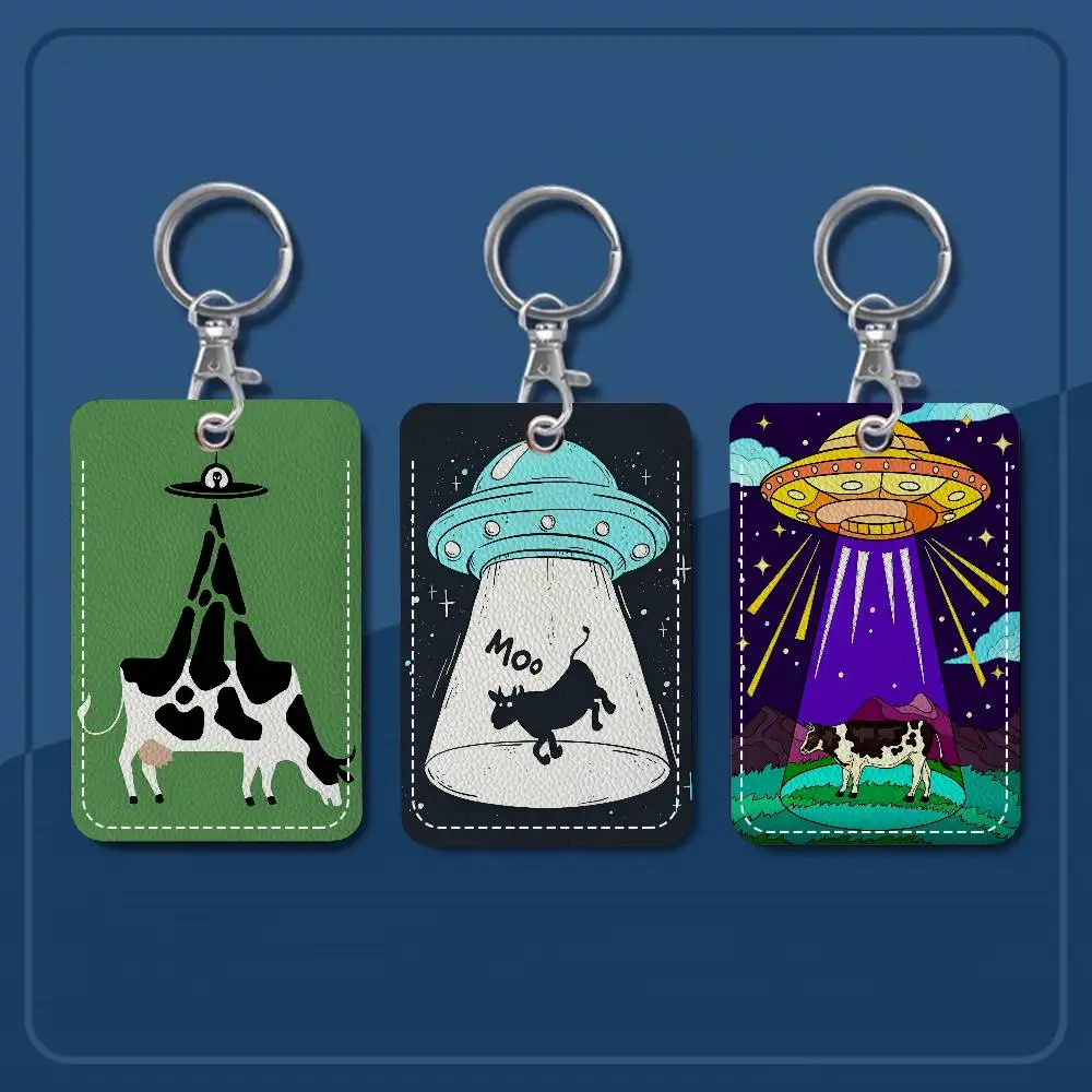 Cows Funny Art Rectangle ID Card Case Keychain Access Card Bag Key Tag Ring Leather Card Holder Key Ring Access