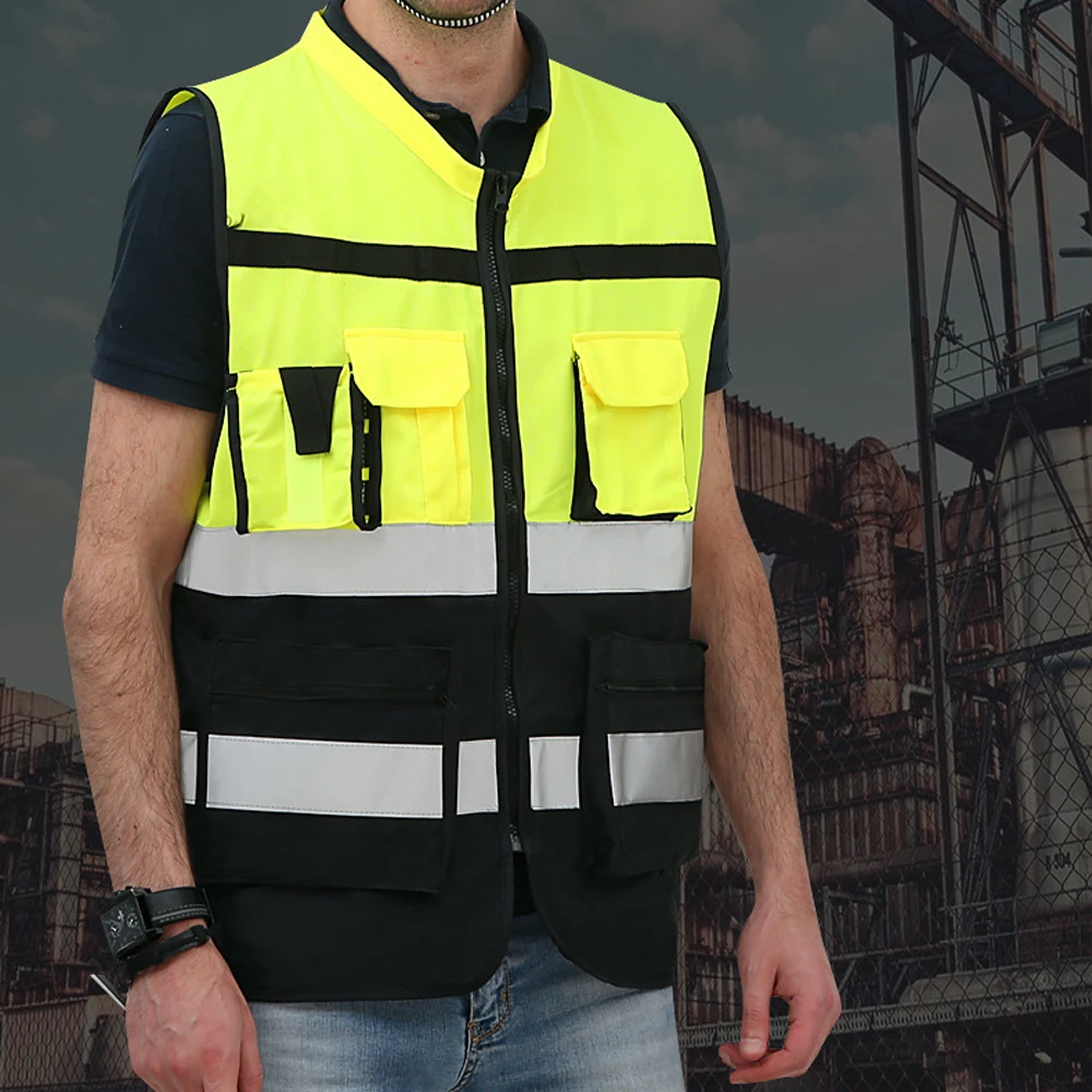 Fluorescerend Geel Veiligheidsvest Hoge Zichtbaarheid Man Werkkleding Bouwvest Met Multi Zakken Hi Vis Werkkleding