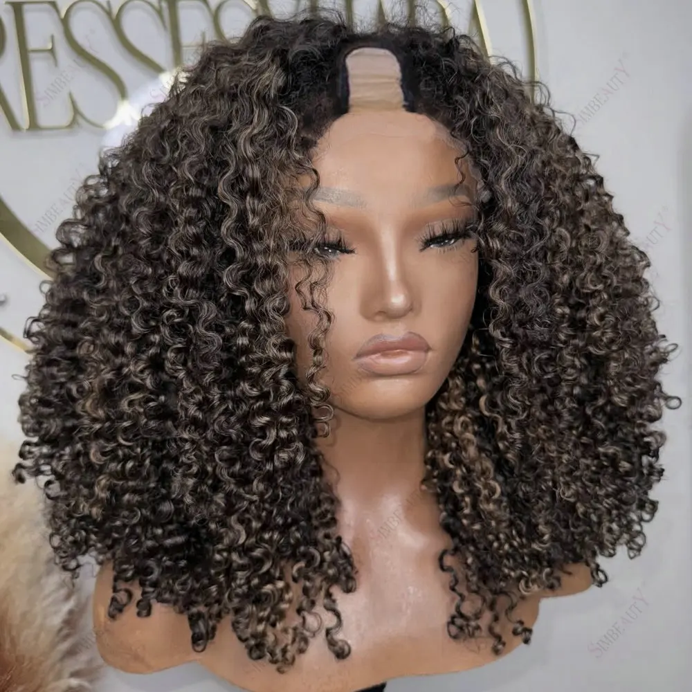 Hightlight Kinky Curly Remy Echthaar 1x4 Größe U-Part Perücken für schwarze Frauen, täglicher Gebrauch, klebefreie V-Part Perücken mit Clips, einfache Anwendung – Detail 1