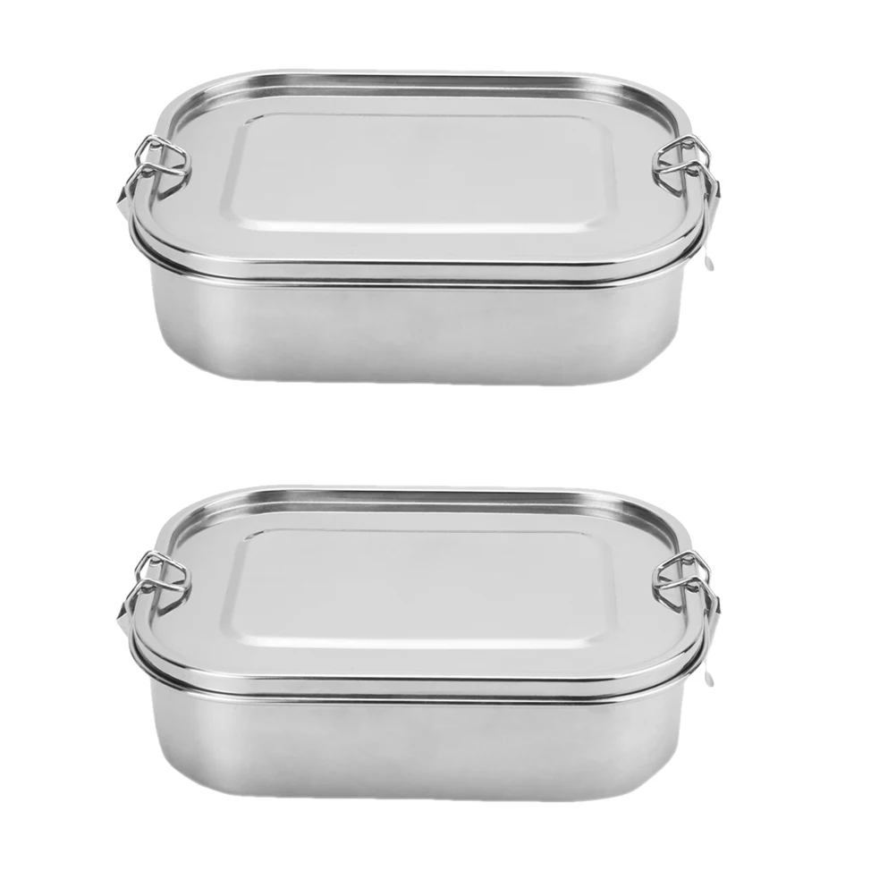 

2 Pcs Stainless Steel Lunch Box Rectangular Food Container Buckle Single Layer Double