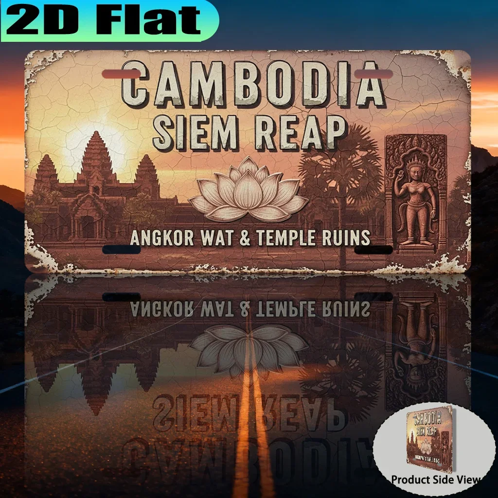 2D Flat Cambodia Siem Reap Angkor Wat Temple Ruins Vintage License Plate Style Aluminum Metal Painting Wall Decor for Home Ba