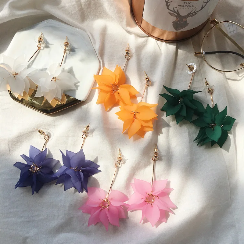 Fashion New Elegant Lady Lotus Petal Earrings Multi-layer 5 Colors Flower Long Earrings With Crystal Women Party Birthday Gift