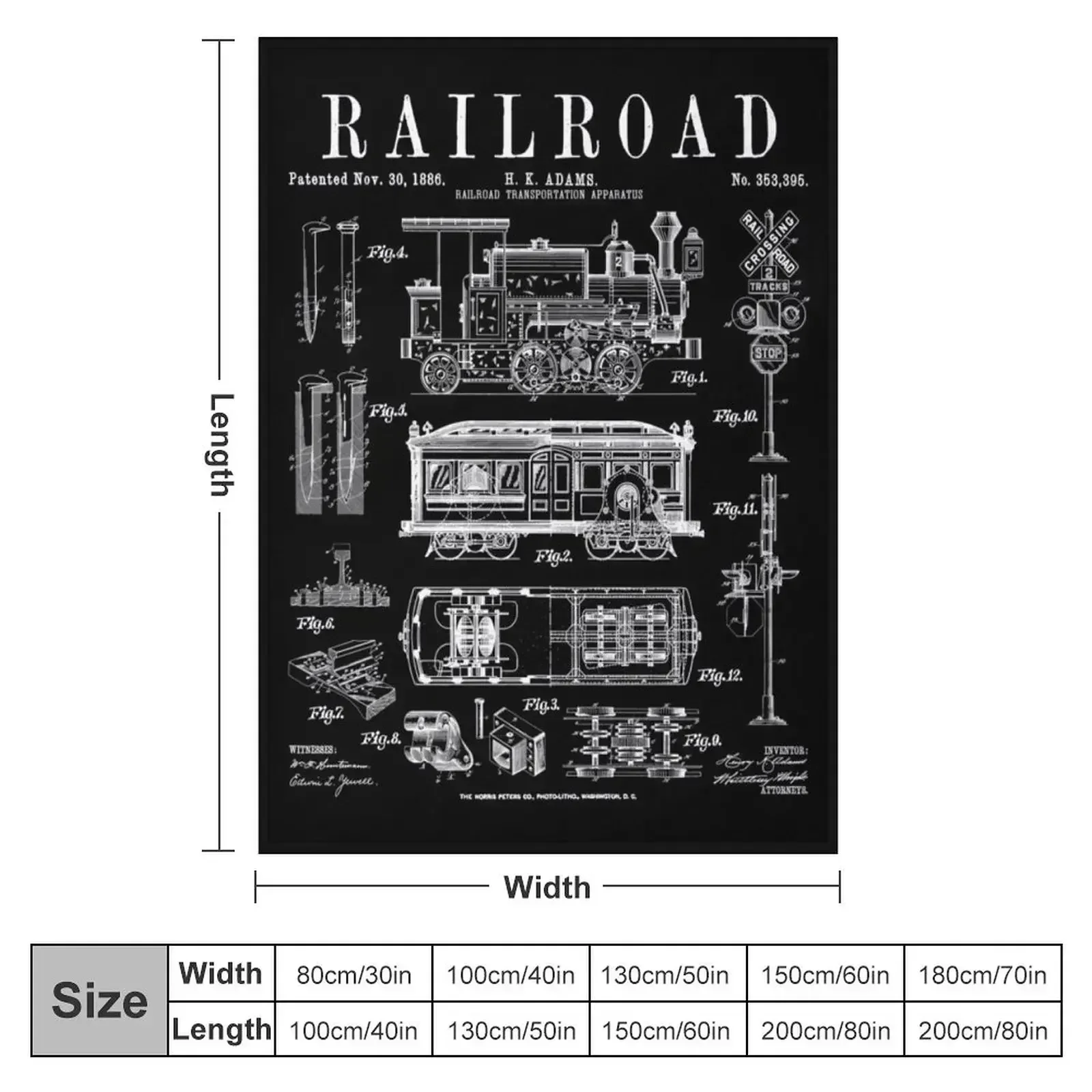 Railroad Railway Steam Locomotive Train Vintage Patent Print Throw Blanket couch cozy soft plush fuzzy picnic outdoor blanket