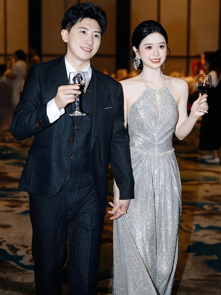 

Серебряное вечернее платье Ele с пайетками для невесты, с высоким воротом, длинной юбкой-русалкой, на молнии, без рукавов