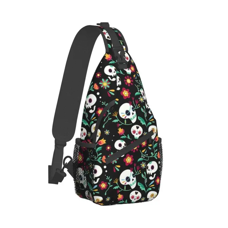 Modello di teschi di caramelle messicane con fiori zaino a tracolla a tracolla da uomo borsa a tracolla personalizzata per viaggi escursionismo Daypack