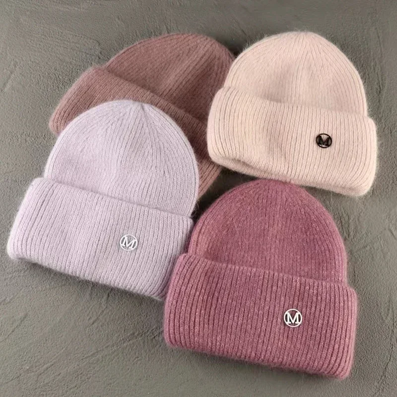 Designer Letter M Beanies for Women Angora Rabbit Fur Knitted Hat Female Warm Winter Hat Ladies Outdoor Fashion Chapeau Hat