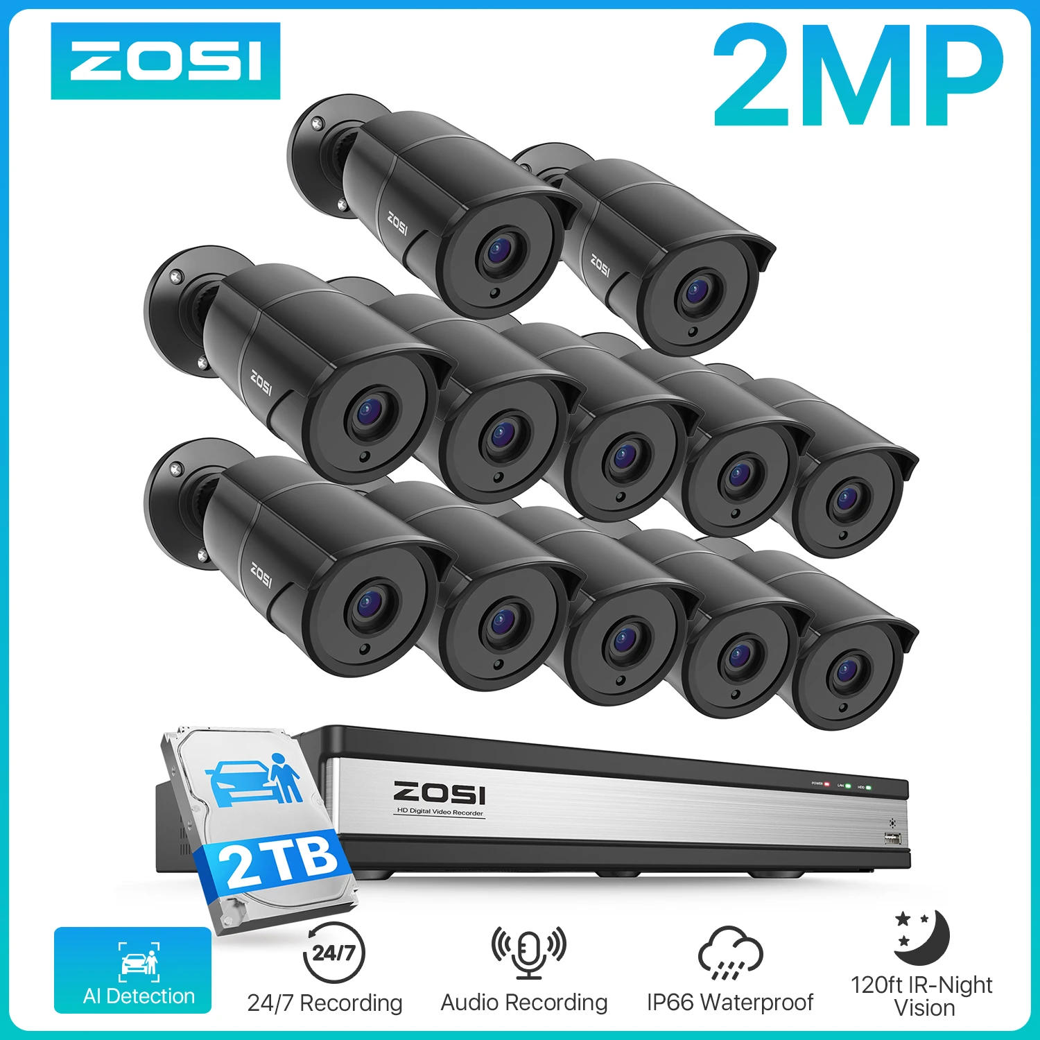 

Система видеонаблюдения ZOSI 16CH 3K Lite с аудио, 1080P, металлические всепогодные проводные камеры, 16-канальный комплект видеорегистраторов CCTV