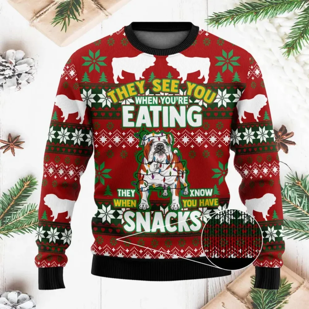 Bulldog Treats Ugly Christmas sweater 3d fun holiday costumes for men and women cute Bulldogs designed for holiday Christmas jum