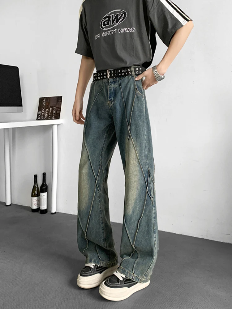 

Американские ретро лоскутные прямые джинсы, мужские узкие длинные брюки, крутые уличные джинсы с высокой талией и широкими штанинами, повседневные летние джинсы