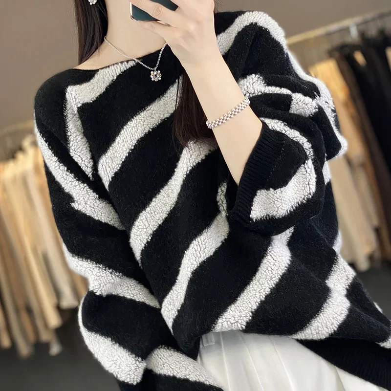 Tailor Sheep O-neck Striped Pullover Women 100% Merino Wool Sweater Knit Autumn and Winter Long Sleeve Pullover