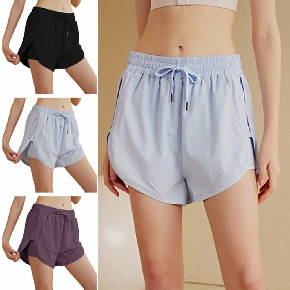 

Fashion Anti-glare Lining 2 in 1 Yoga Shorts Side Pockets Elastic Sports Shorts Loose Fitting Breathable Fitness Shorts Women