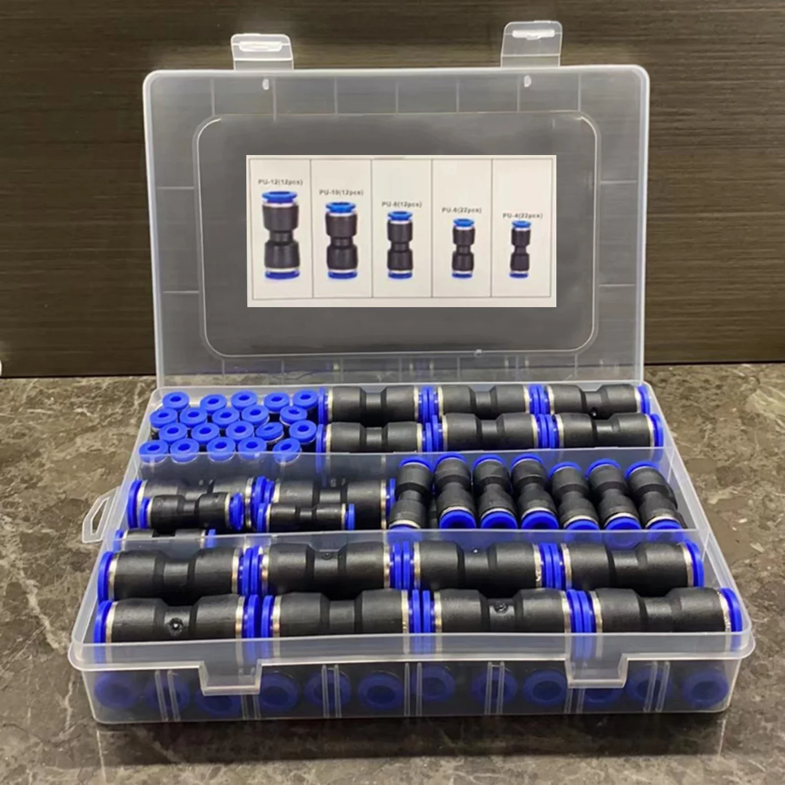 

Quick Connect Push Fittings 80pcs Set with High Pressure Resistance for Multiple Tube Sizes Including PU and PVC
