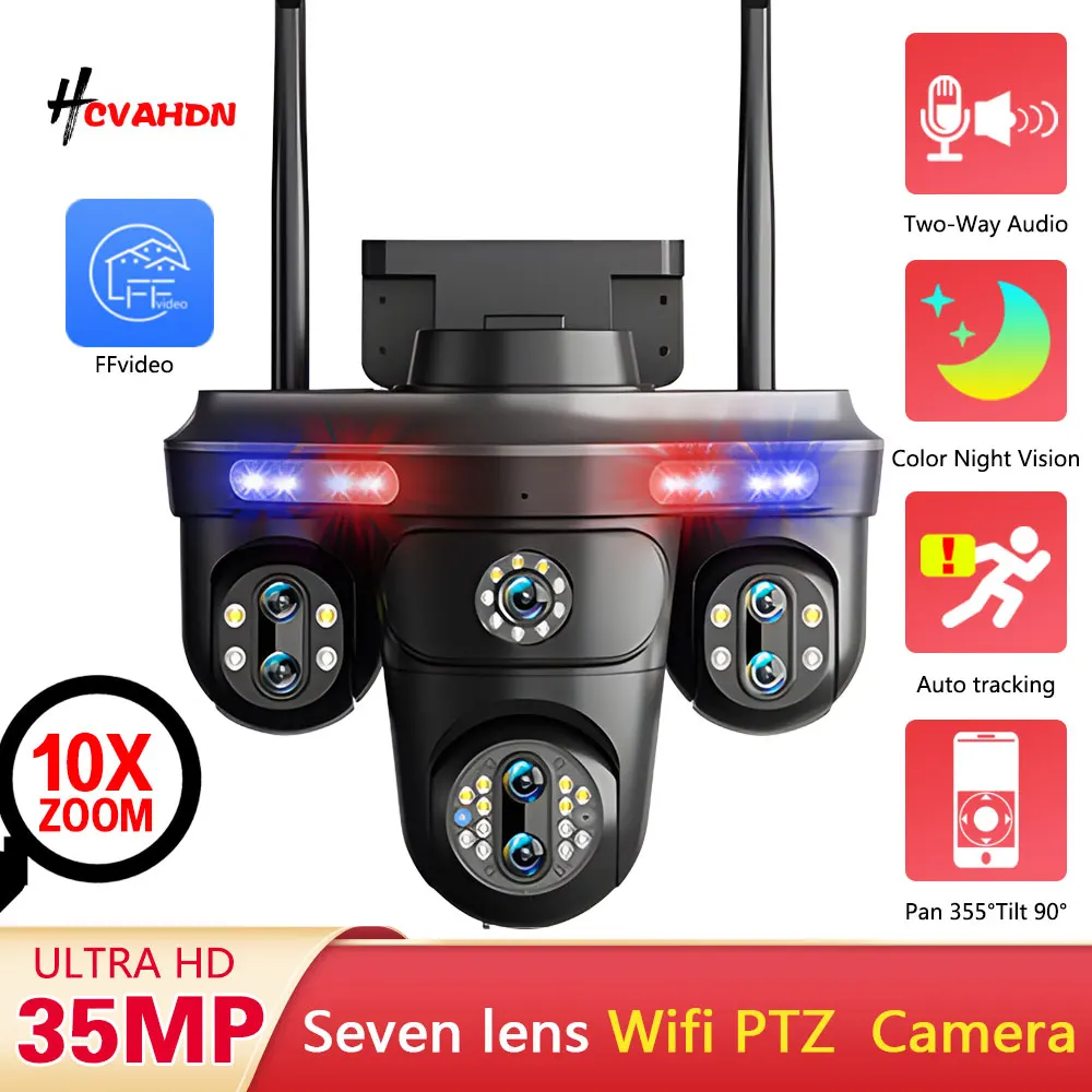 35MP WiFi IP Camera 4 Screens 7 Lens 10X Zoom Outdoor Wireless PTZ Security Cam Auto Tracking CCTV Surveillance Camera