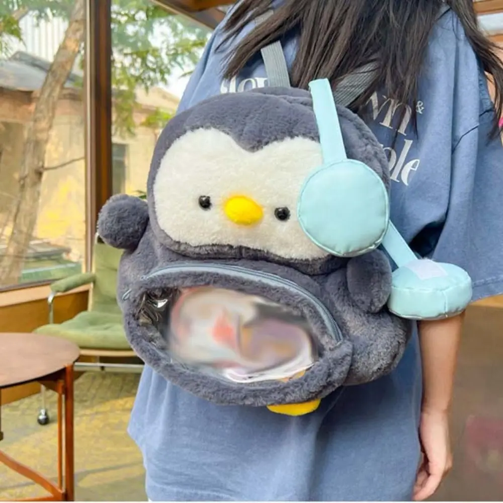 Mochila de pingüino con auriculares de bolsillo transparente, muñeca de cordero de peluche, Itabag JK Lolita, juguete de peluche, bolso de hombro de Animal para estudiantes