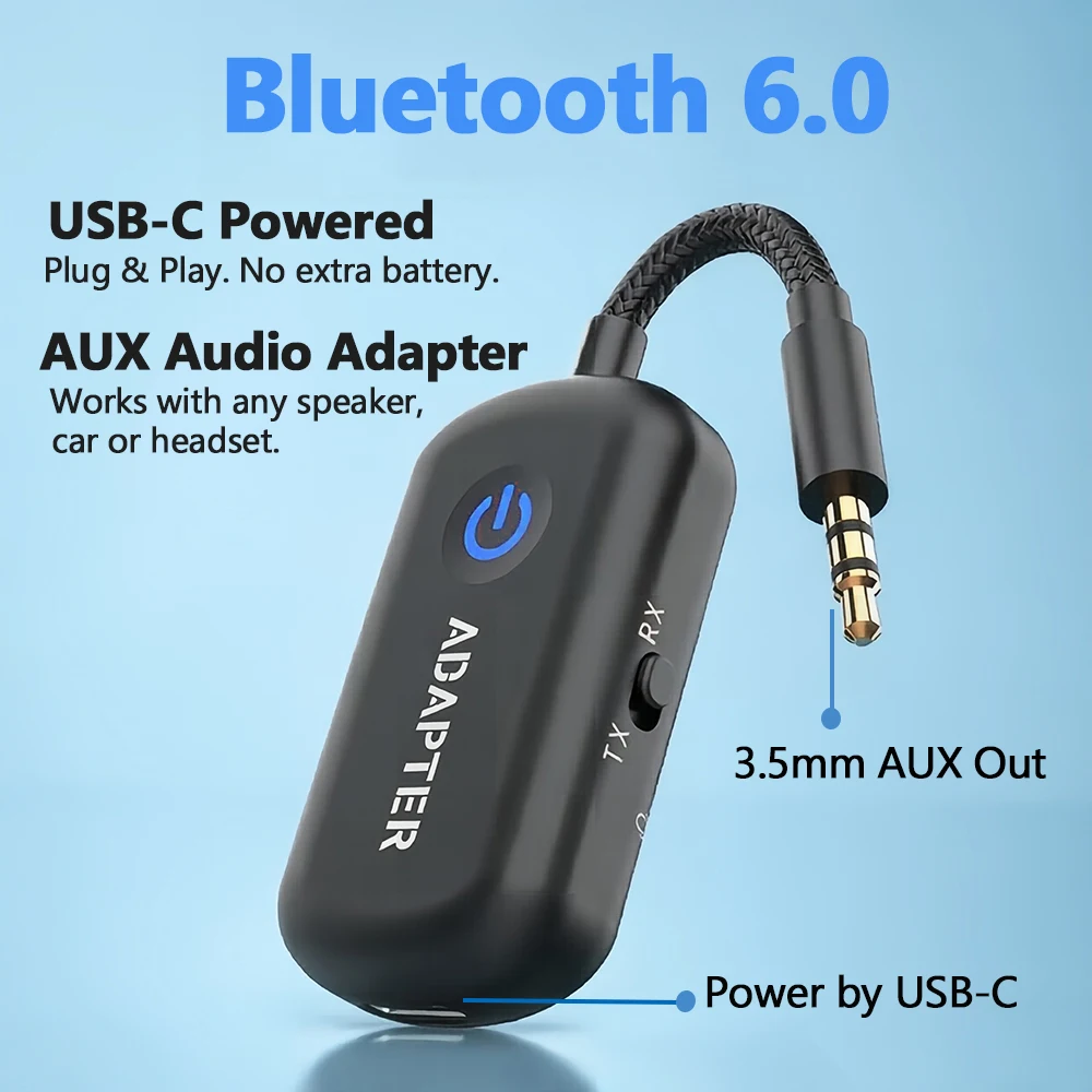 2 In 1 Bluetooth 6.0 Transmitter Receiver Stereo 3.5mm AUX Airplane Audio Wireless Adapter Mic for TV PC Headphone Car Aircraft