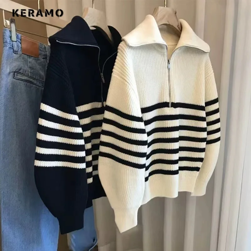 2023 Autumn Casual Knitting Long Sleeve Zipper Pullovers Winter Women Vintage Loose Fit Striped Print Knitwear Sweater Top