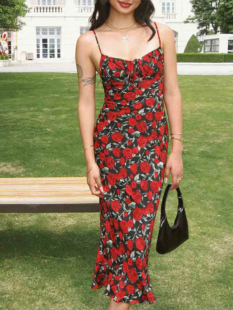 Rose Red Flower Printed Black Bodycon Summer Dress Women 2024 Beach Boho Maxi Slip Sundress Ruffles Sleeveless Long Floral Dress