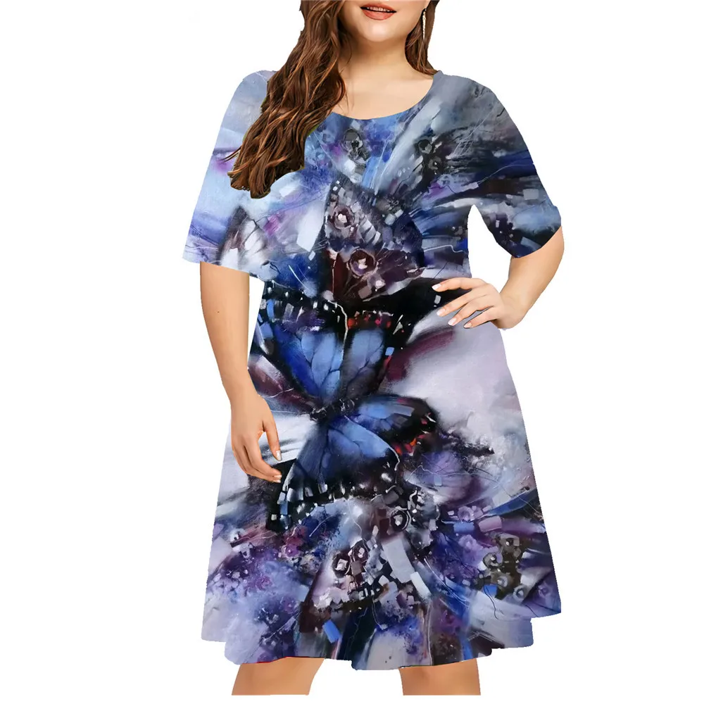 2024 Summer Retro Dress Women Tie Dye Gradient 3D Print Dress allentato Plus Size abbigliamento donna Casual manica corta a-line Dresses