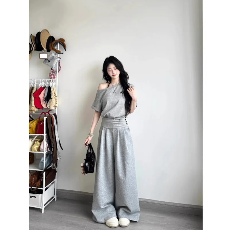 2025 Fashion Salt Style Girl Casual Sports Suit for Women One-Shoulder Waist-Cinching Short Sleeve Wide-Leg Pants Two-Piece Set