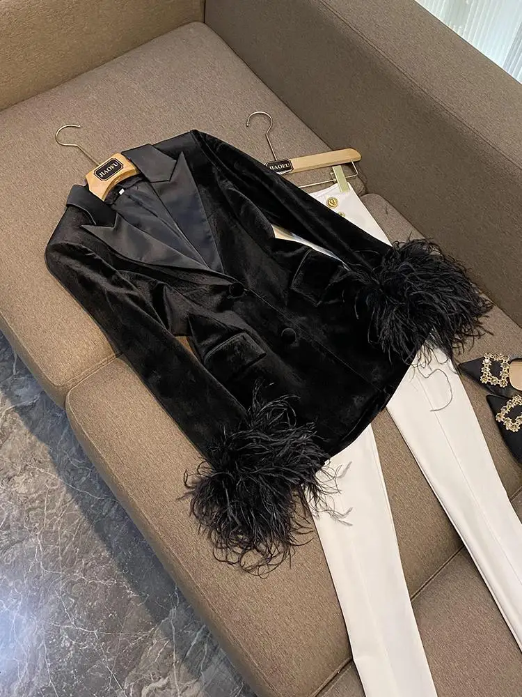 

Небольшой женский модный бархатный пиджак со страусиными перьями, верхнее пальто на пуговицах, дизайн для поездок на работу, Long Sve Pure C...