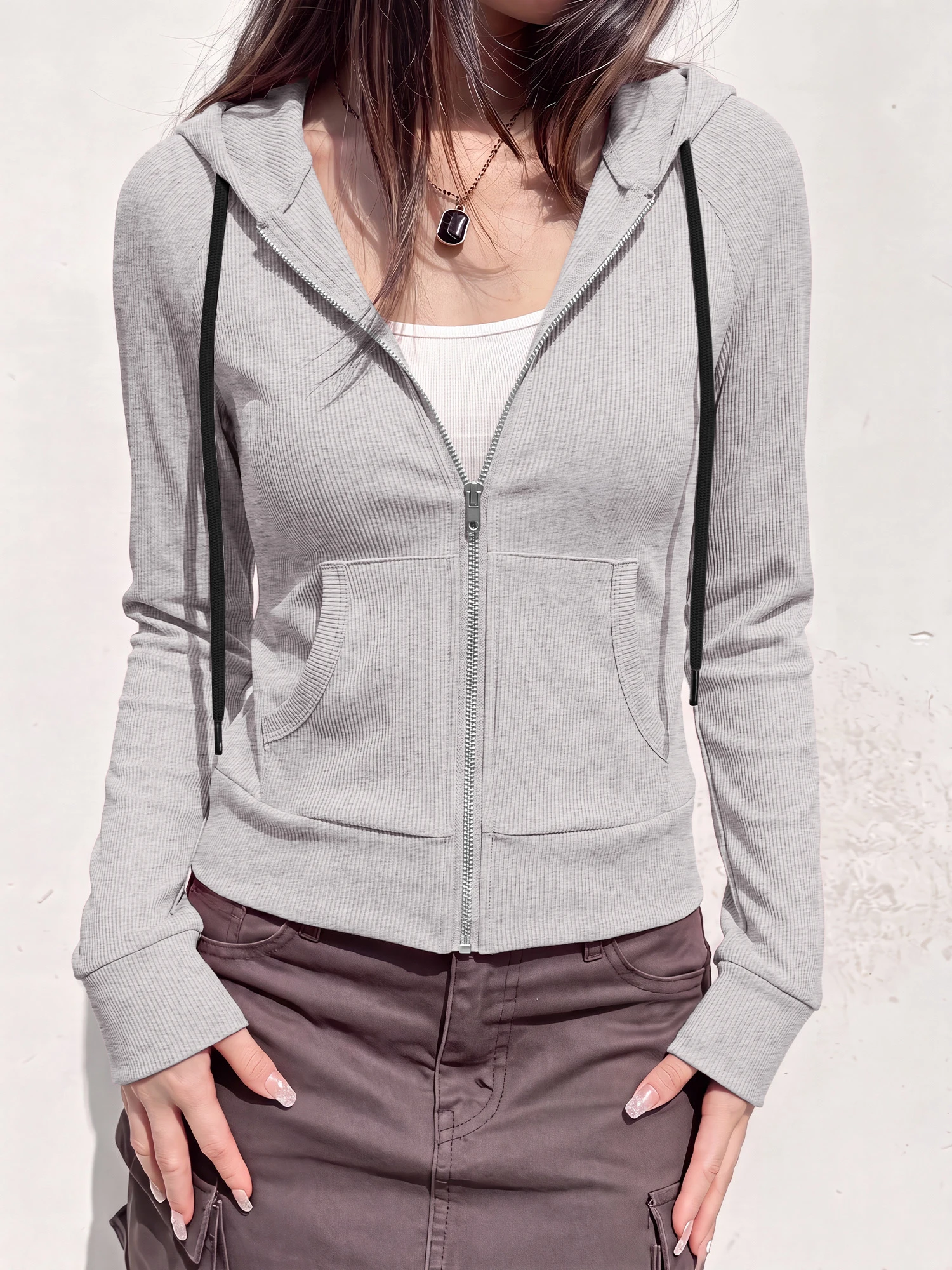 Athleisure Ribbed Cropped Full Zip Hoodie, Slim Raglan Sleeve Jacket for Post‑Workout & Walking