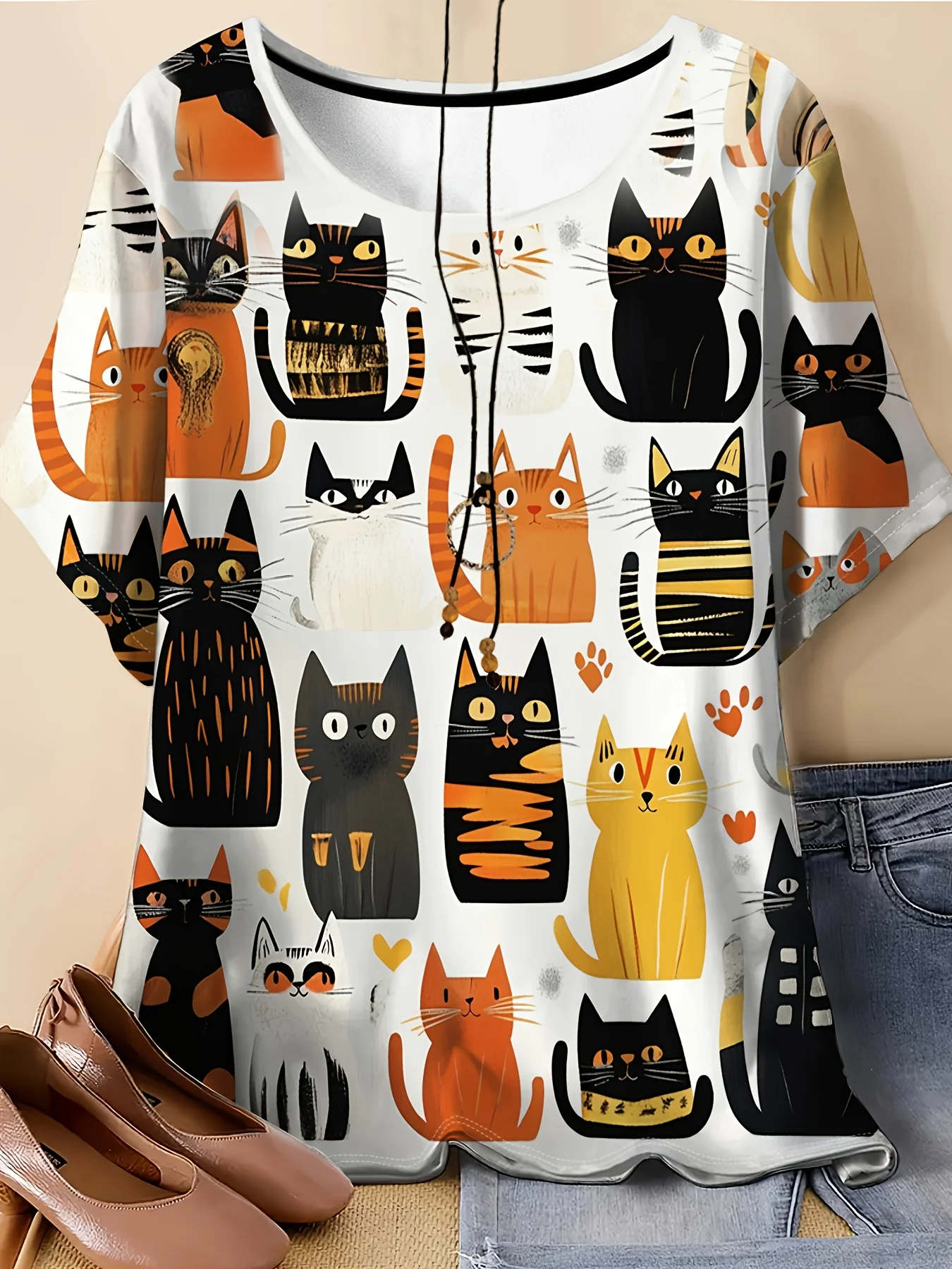 Women Round Neck Batwing Short Sleeve Top Light Blue Background Graffiti Multicolor Cat Print Loose Casual Summer Shirt